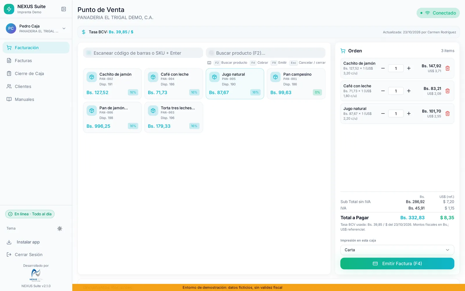 Punto de venta de NEXUS Suite en escritorio: productos con su alícuota, orden en curso con subtotal, IVA y total en bolívares y su referencia en dólares.
