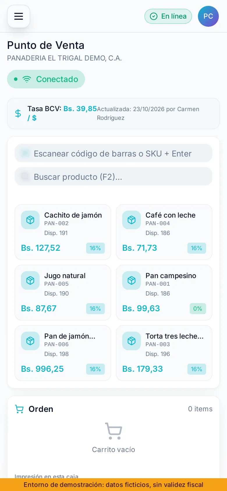 Punto de venta de NEXUS Suite en el teléfono, con la tasa BCV del día, búsqueda de productos y alícuota de cada producto.