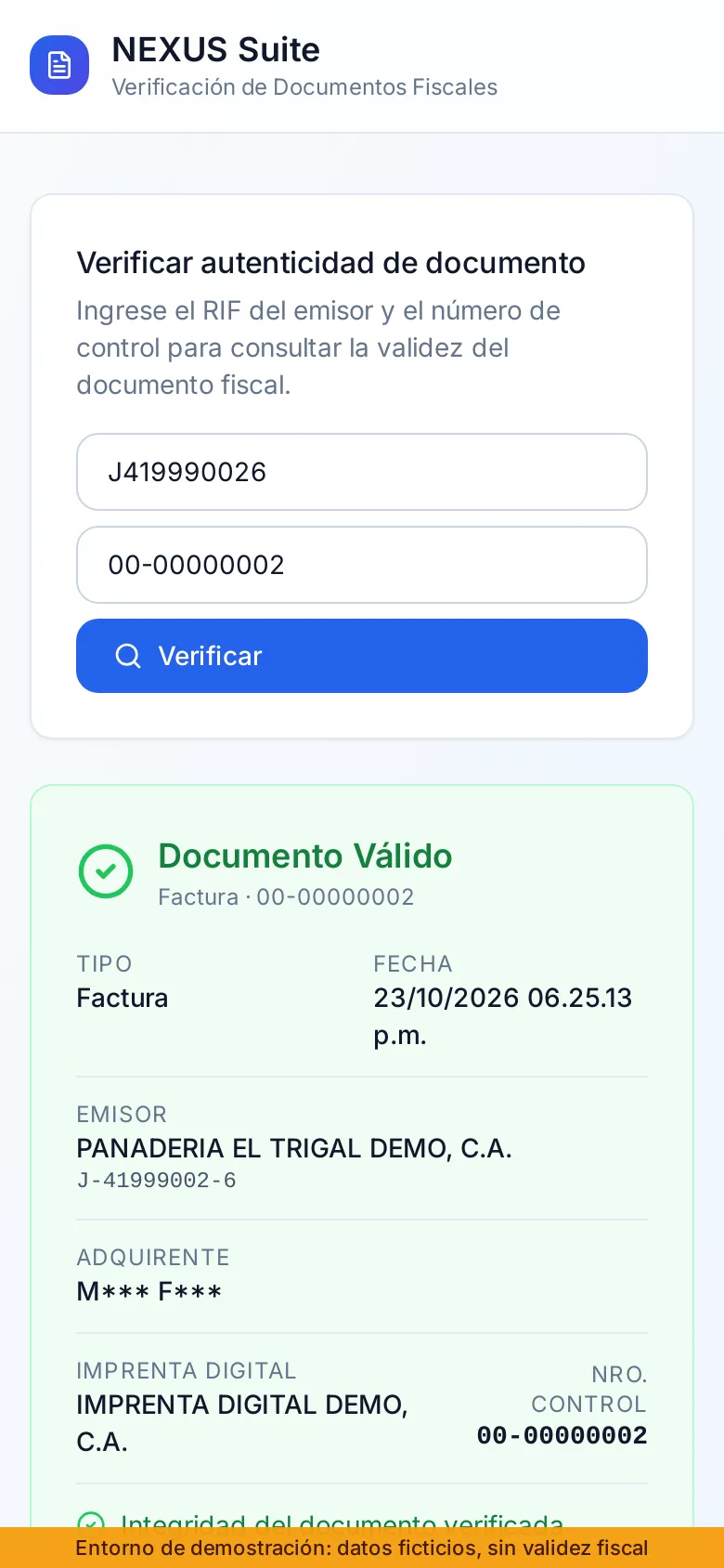 Página pública de verificación en el teléfono: el documento consultado por RIF y número de control aparece como válido.